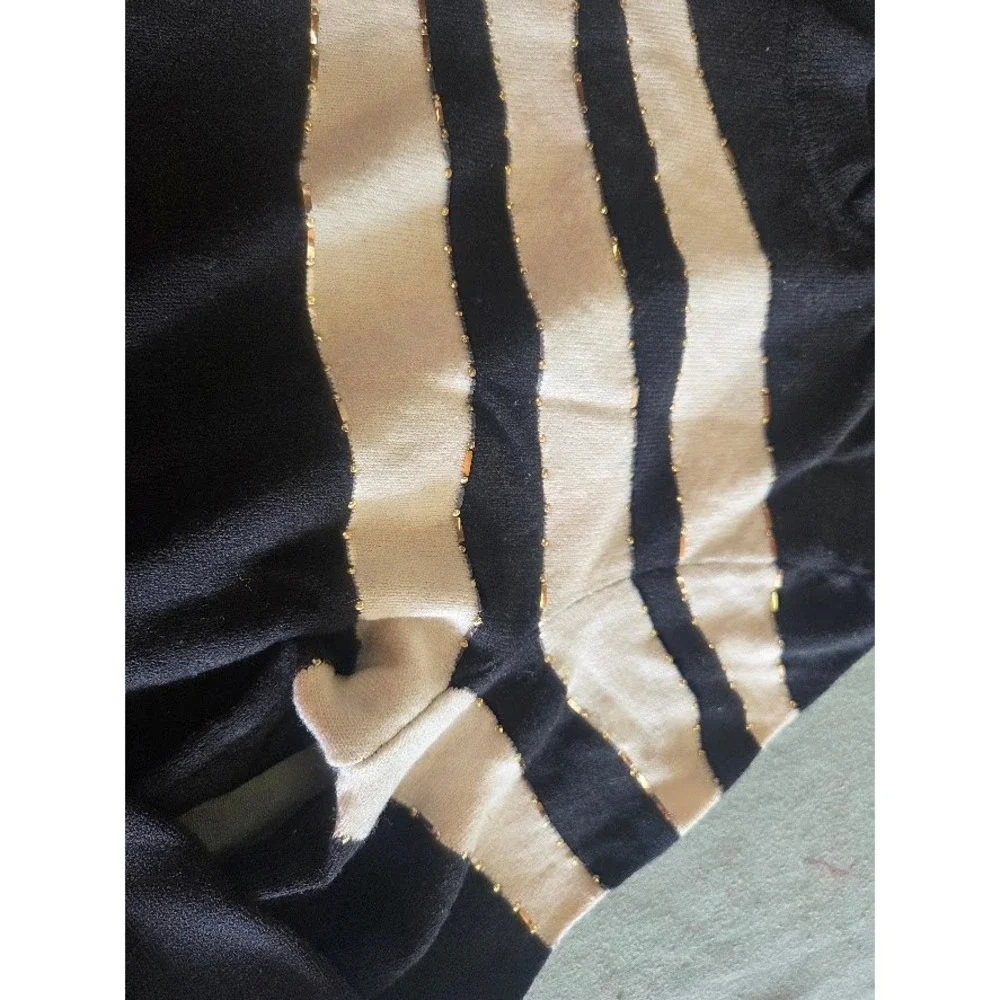 St. John Collection Marie Gray Black White Striped Knit Sweater Gold Accents M